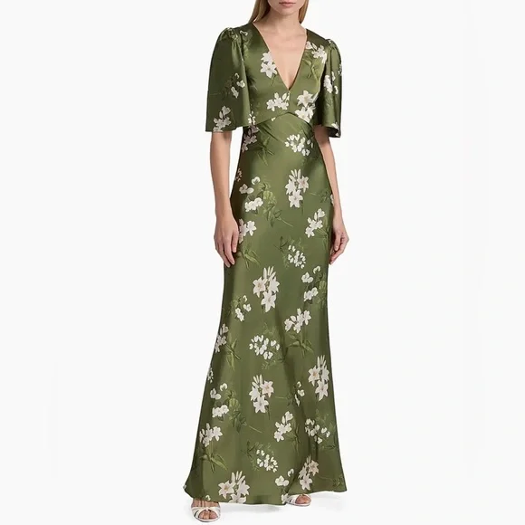 Sachin + Babi Mae Floral satin Olive green Floral fall wedding modestMaxi Dress - Picture 10 of 13